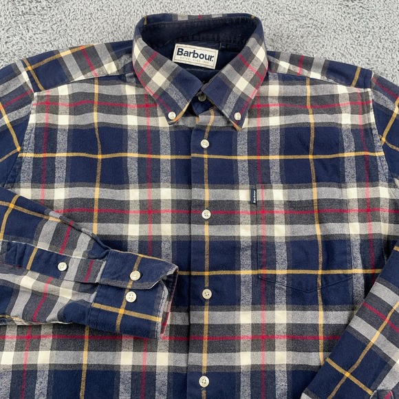 Barbour Shirt Mens Small Blue Flannel Cartlebay Tartan Plaid Tailored Fit Casual - Picture 1 of 10